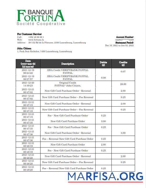 Realistic Luxembourg Fortuna Banque bank proof of address statement word sample